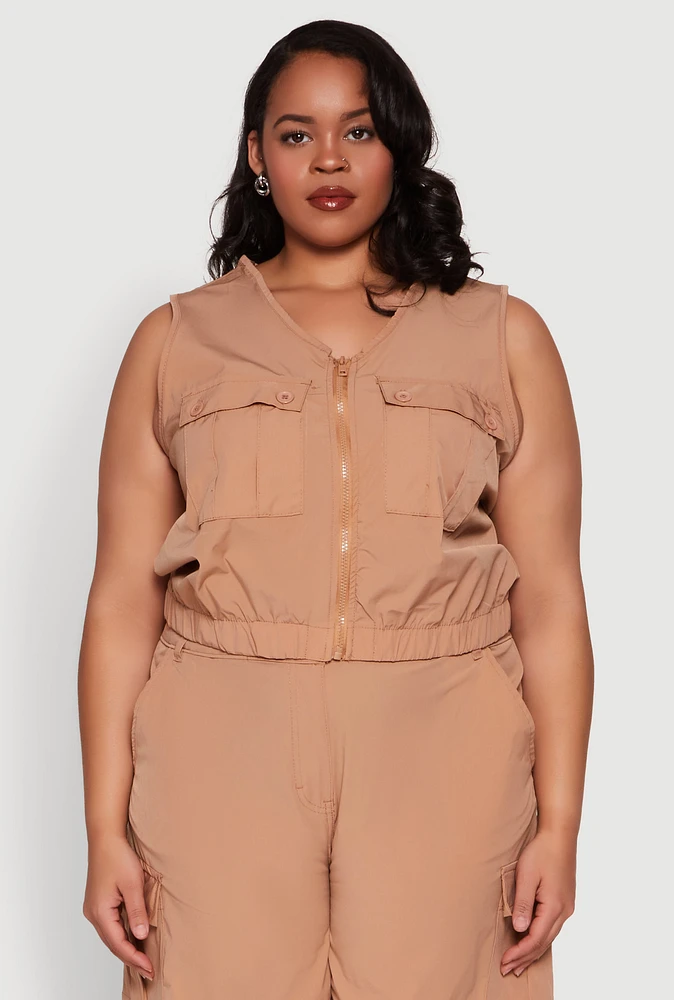 Womens Plus Zip Front Cargo Pocket Top, Beige,