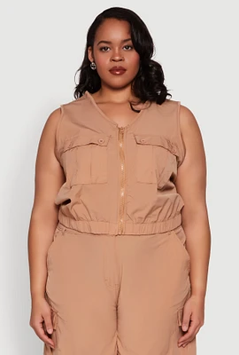 Womens Plus Zip Front Cargo Pocket Top, Beige,