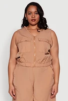 Womens Plus Zip Front Cargo Pocket Top, Beige,
