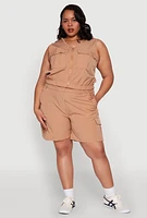 Womens Plus Zip Front Cargo Pocket Top, Beige,