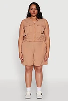 Womens Plus Zip Front Cargo Pocket Top, Beige,