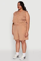 Womens Plus Size Zip Front Cargo Pocket Top, Beige, Size 3X