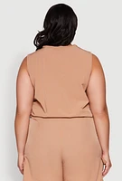 Womens Plus Zip Front Cargo Pocket Top, Beige,