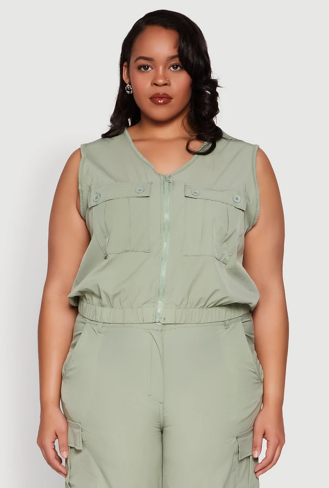 Womens Plus Zip Front Cargo Pocket Top,