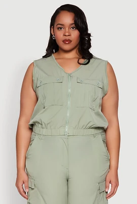 Womens Plus Zip Front Cargo Pocket Top,