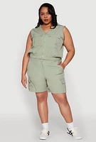 Womens Plus Zip Front Cargo Pocket Top,