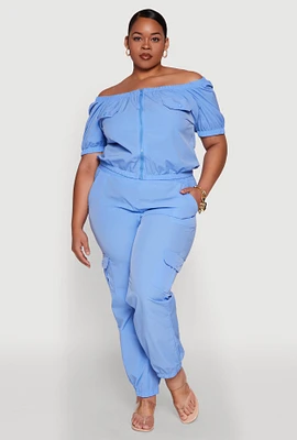 Womens Plus Nylon Cargo Joggers, Blue,