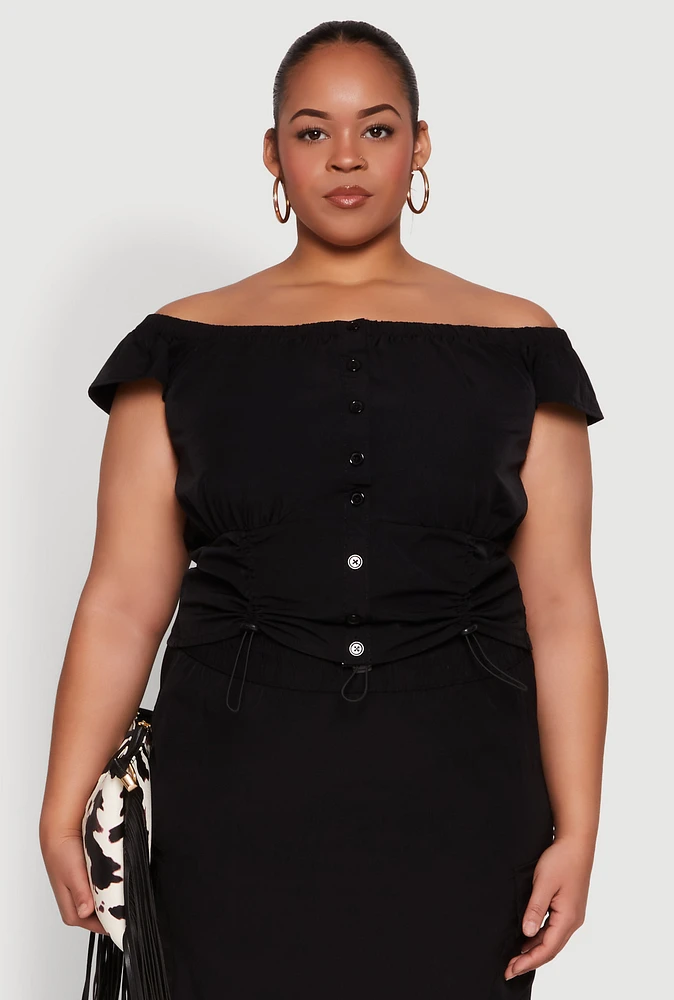 Womens Plus Nylon Toggle Drawstring Off the Shoulder Top,