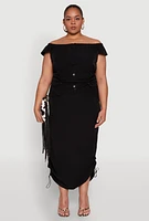 Womens Plus Nylon Toggle Drawstring Off the Shoulder Top,