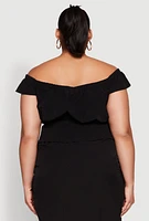 Womens Plus Nylon Toggle Drawstring Off the Shoulder Top,
