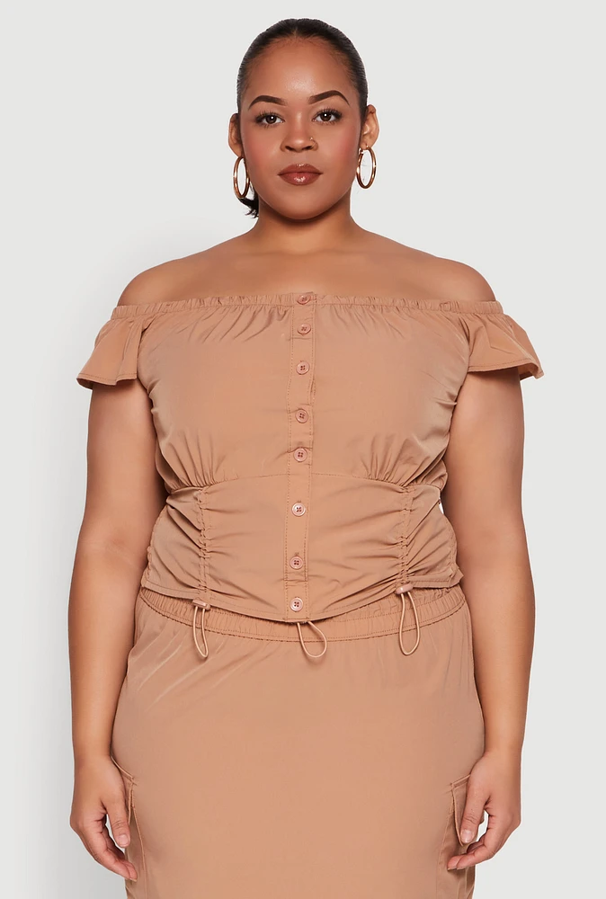 Womens Plus Nylon Toggle Drawstring Off the Shoulder Top,