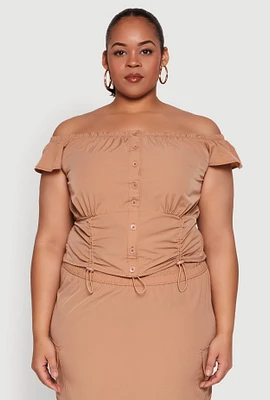 Womens Plus Nylon Toggle Drawstring Off the Shoulder Top,