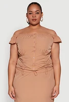 Womens Plus Nylon Toggle Drawstring Off the Shoulder Top,
