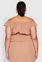 Womens Plus Nylon Toggle Drawstring Off the Shoulder Top,