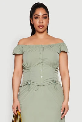 Womens Plus Nylon Toggle Drawstring Off the Shoulder Top,