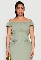 Womens Plus Nylon Toggle Drawstring Off the Shoulder Top,
