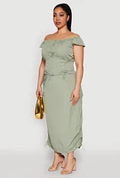 Womens Plus Size Nylon Toggle Drawstring Off the Shoulder Top, Green, Size 3X
