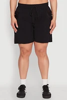 Womens Plus Size Drawstring High Waisted Cargo Shorts, Black, Size 1X