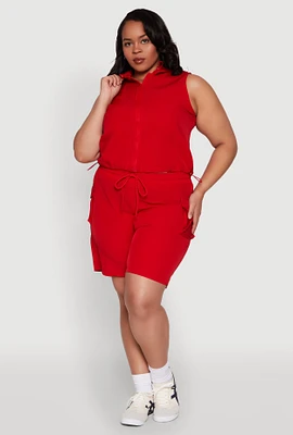 Womens Plus Drawstring High Waisted Cargo Shorts, Red,