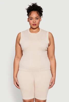 Womens Plus Size Mineral Wash Ribbed Knit Tank Top, Beige, Size 2X-3X