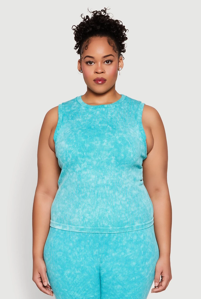 Womens Plus Size Mineral Wash Ribbed Knit Tank Top, Blue, Size 2X-3X