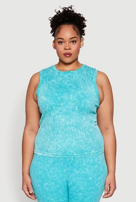 Womens Plus Size Mineral Wash Ribbed Knit Tank Top, Blue, Size 2X-3X