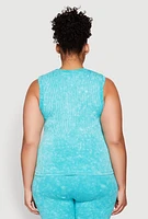 Womens Plus Size Mineral Wash Ribbed Knit Tank Top, Blue, Size 2X-3X