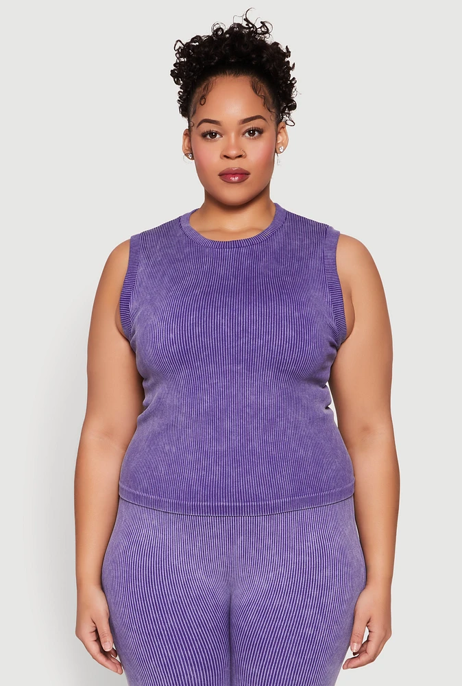 Womens Plus Size Mineral Wash Ribbed Knit Tank Top, Purple, Size 1X-2X