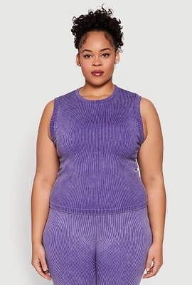 Womens Plus Size Mineral Wash Ribbed Knit Tank Top, Purple, Size 1X-2X