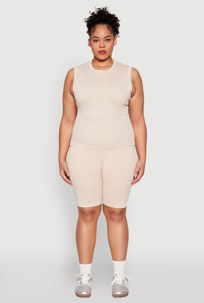Womens Plus Size Mineral Wash Ribbed Seamless Bike Shorts, Khaki, Size 1X-2X