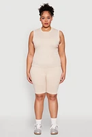 Womens Plus Size Mineral Wash Ribbed Seamless Bike Shorts, Khaki, Size 1X-2X