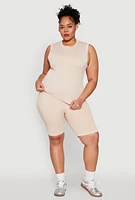 Womens Plus Size Mineral Wash Ribbed Seamless Bike Shorts, Khaki, Size 1X-2X