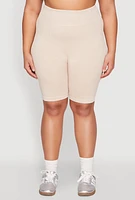 Womens Plus Size Mineral Wash Ribbed Seamless Bike Shorts, Khaki, Size 1X-2X