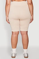 Womens Plus Size Mineral Wash Ribbed Seamless Bike Shorts, Khaki, Size 1X-2X