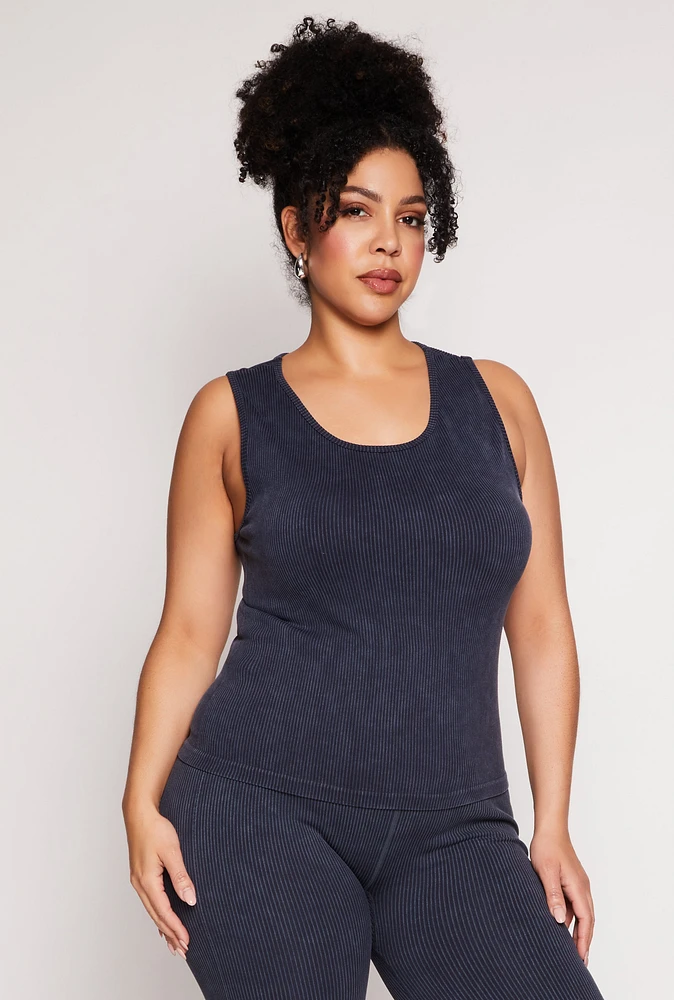 Womens Plus Size Seamless Acid Wash Tank Top, Blue, Size 2X-3X
