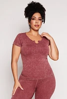 Womens Plus Size Acid Wash Seamless Notch Neck Top, Burgundy, Size 1X-2X