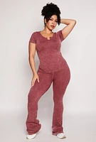 Womens Plus Size Acid Wash Seamless Notch Neck Top, Burgundy, Size 1X-2X