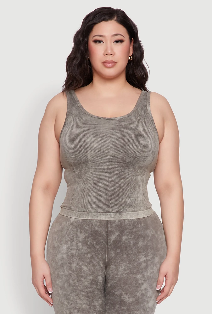 Womens Plus Size Seamless Mineral Wash Tank Top, Green, Size 1X-2X