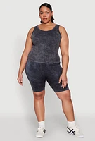 Womens Plus Mineral Wash Seamless Biker Shorts, Grey,