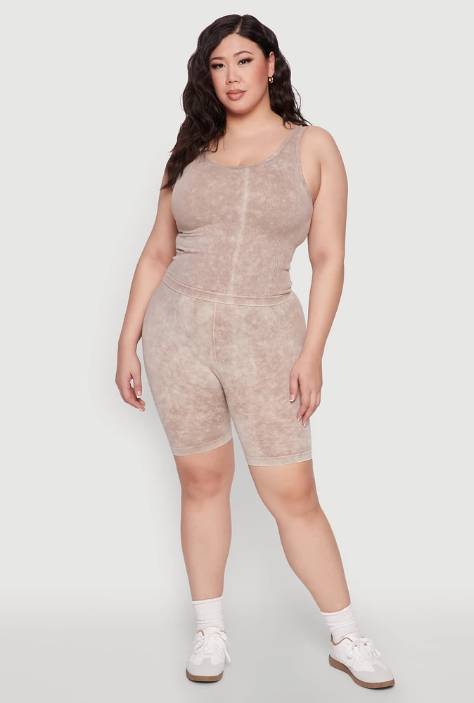Womens Plus Size Mineral Wash Seamless Biker Shorts, Khaki, Size 1X-2X