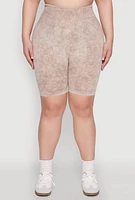 Womens Plus Size Mineral Wash Seamless Biker Shorts, Khaki, Size 1X-2X
