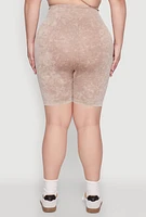 Womens Plus Size Mineral Wash Seamless Biker Shorts, Khaki, Size 1X-2X