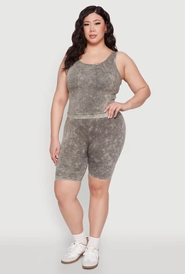 Womens Plus Size Mineral Wash Seamless Biker Shorts, Green, Size 1X-2X