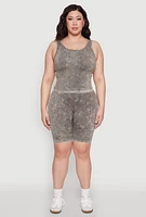 Womens Plus Size Mineral Wash Seamless Biker Shorts, Green, Size 1X-2X