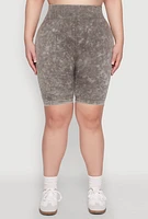 Womens Plus Size Mineral Wash Seamless Biker Shorts, Green, Size 1X-2X