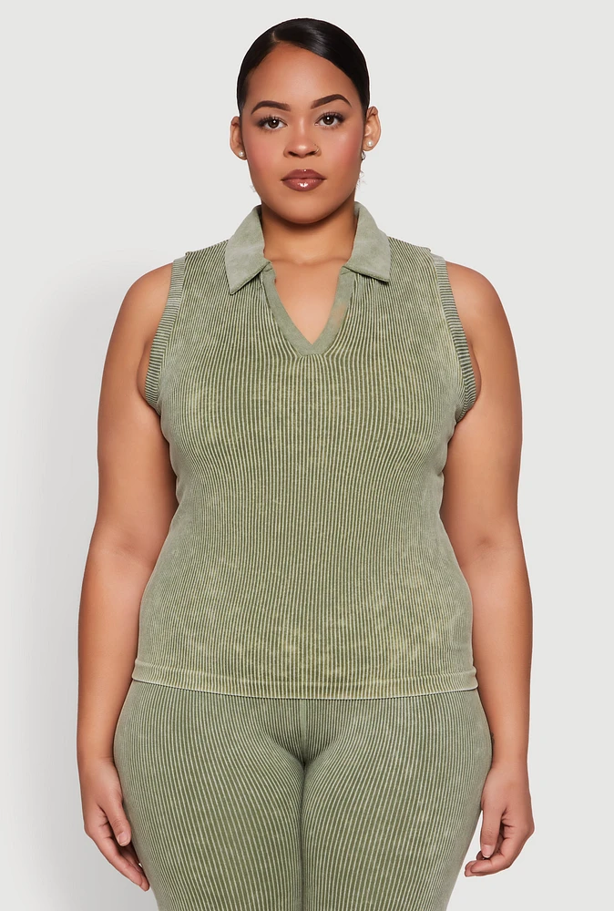 Womens Plus Size Mineral Wash Ribbed Knit Johnny Collar Top, Green, Size 2X-3X