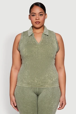 Womens Plus Size Mineral Wash Ribbed Knit Johnny Collar Top, Green, Size 2X-3X