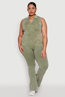 Womens Plus Size Mineral Wash Ribbed Knit Johnny Collar Top, Green, Size 2X-3X