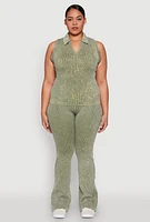 Womens Plus Size Mineral Wash Ribbed Knit Johnny Collar Top, Green, Size 2X-3X