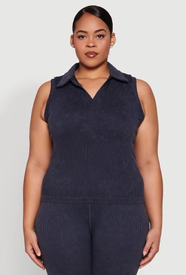 Womens Plus Mineral Wash Ribbed Knit Johnny Collar Top, 1X-2X